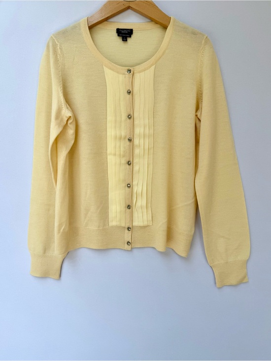 Talbots Sweaters - Talbots Merino Wool Cardigan Pale Yellow Pintuck Pleated Button Sweater Small